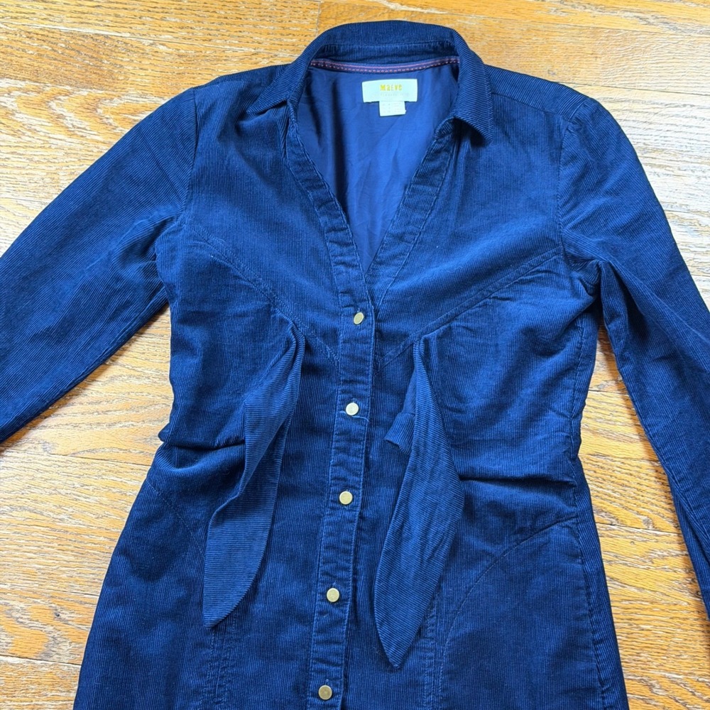 Maeve Anthropologie Navy Blue Corduroy Tie Front Boho Dress Womens Size 0 Fall - Picture 5 of 11